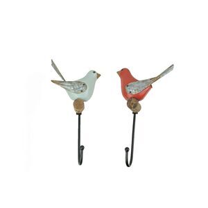 Wood and Metal Bird-Themed Wall Hooks in Red, and White 11.75 Inches High